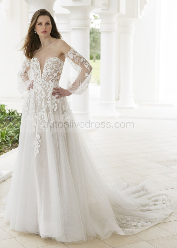 Beaded Ivory Floral Lace Tulle Wedding Dress With Detachable Sleeves